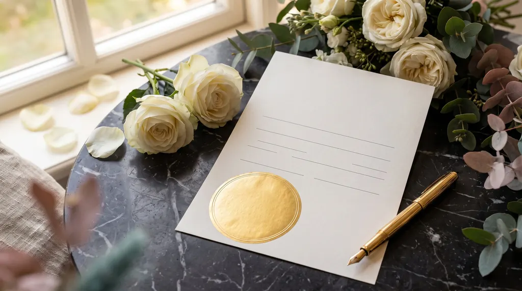 Illustration: Official document with a gold seal, a fountain pen and white roses on a dark marble table