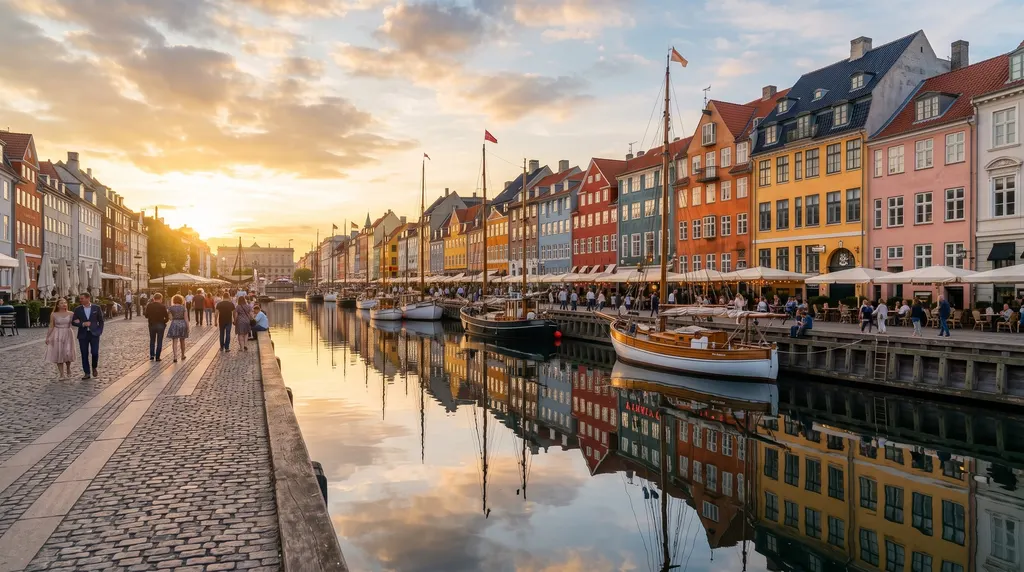 Illustration: Nyhavn canal in Copenhagen at sunset with colourful houses and wooden boats