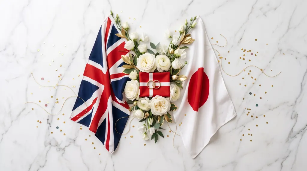 Illustration: British, Danish and Japanese flags with white roses arranged on white marble