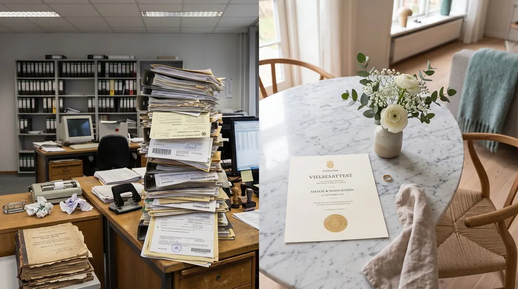 Illustration: split image of an office buried in paper files next to a calm table with a single certificate