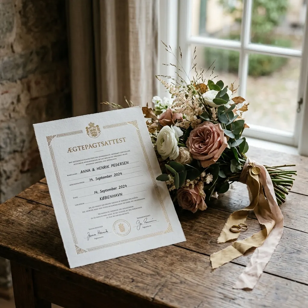 Illustration: An official certificate and a bridal bouquet on a rustic wooden table by a window