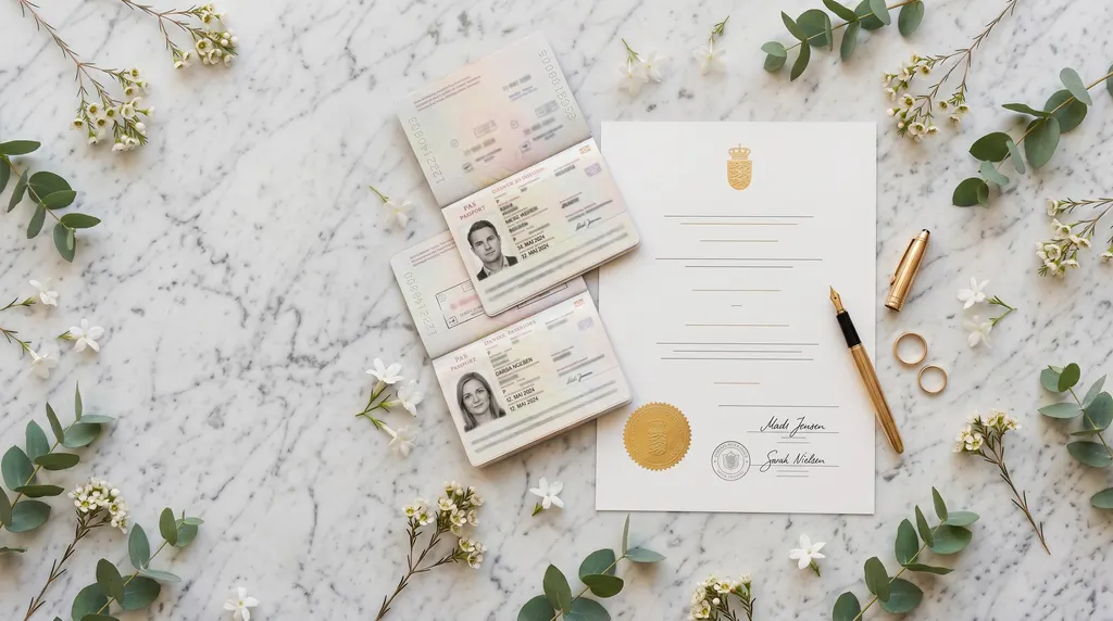 Illustration: Two passports, a certificate with a gold seal, a pen and wedding rings on a marble table