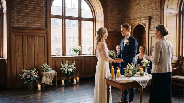 Illustration: Bride and groom holding hands at a small civil ceremony in a wood-panelled room