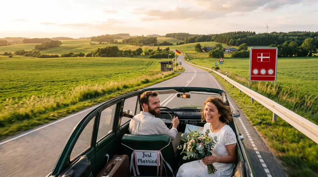 Illustration: Newlyweds in a vintage convertible driving past a Danish border sign through green fields