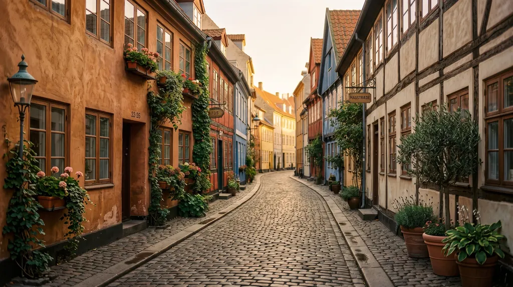 Illustration: Quiet cobblestone lane with old ochre houses and climbing plants in warm evening light