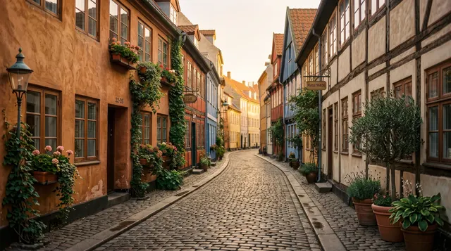 Illustration: Quiet cobblestone lane with old ochre houses and climbing plants in warm evening light