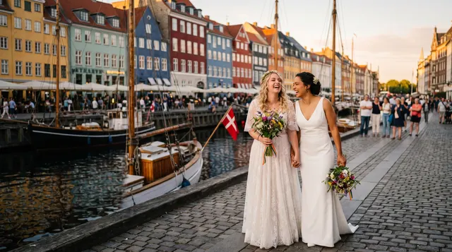 Illustration: Two brides in white dresses with bouquets walking along the Nyhavn canal in Copenhagen