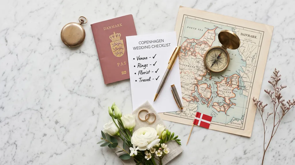 Illustration: Passport, handwritten wedding checklist, map of Denmark, compass and rings on a marble table