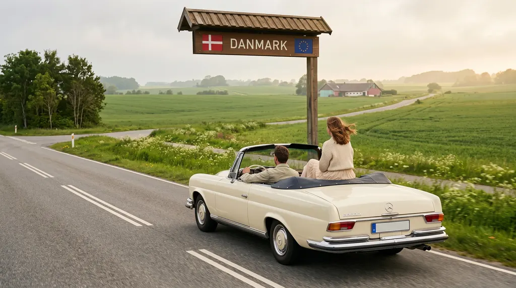 Illustration: A couple in a vintage convertible passes a wooden DANMARK border sign on a country road between green fields