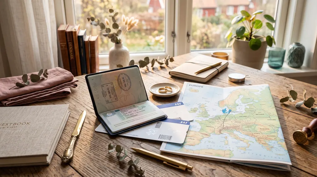 Illustration: An open passport, a map of Europe and books on a wooden desk by a window