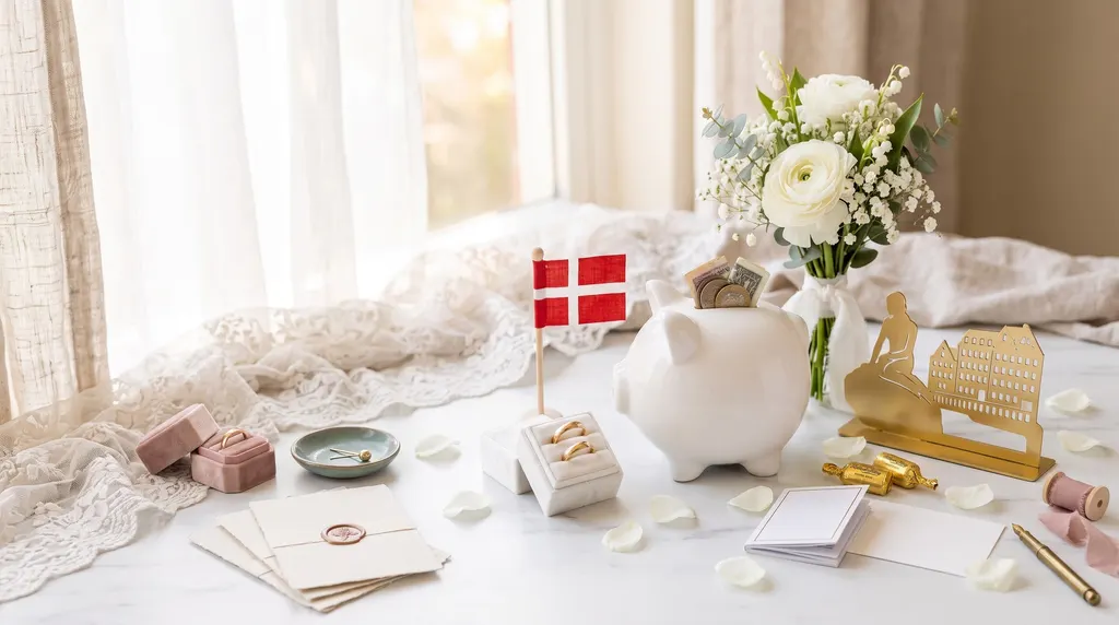 Illustration: Piggy bank, small Danish flag, white flowers and wedding stationery on a bright table