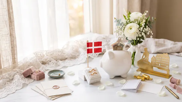 Illustration: Piggy bank, small Danish flag, white flowers and wedding stationery on a bright table