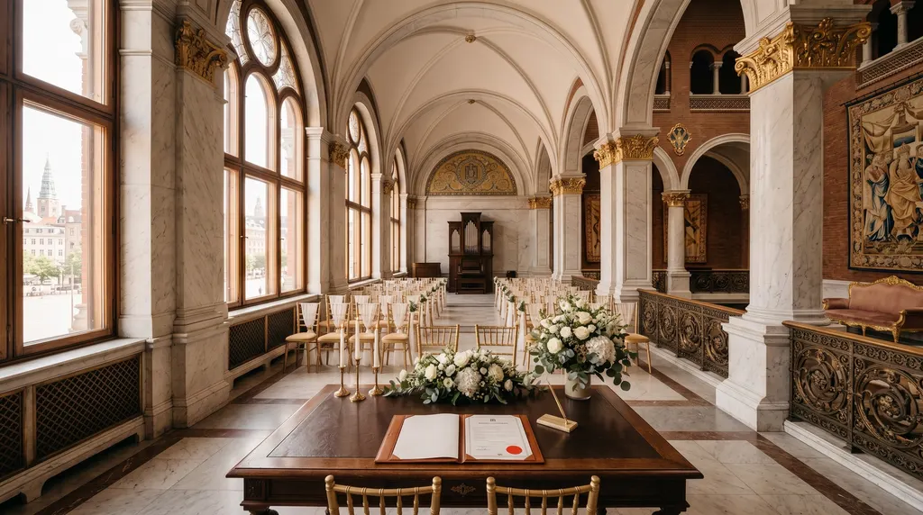Illustration: Historic wedding hall with arched windows, white flowers and a signing table set for a civil ceremony
