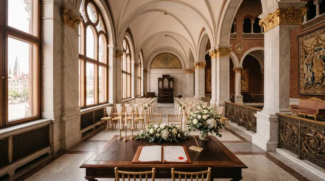 Illustration: Historic wedding hall with arched windows, white flowers and a signing table set for a civil ceremony