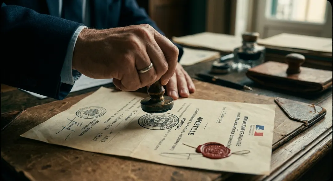 Ein Apostille-Stempel wird auf ein offizielles Dokument auf einem hölzernen Regierungsschreibtisch gedrückt