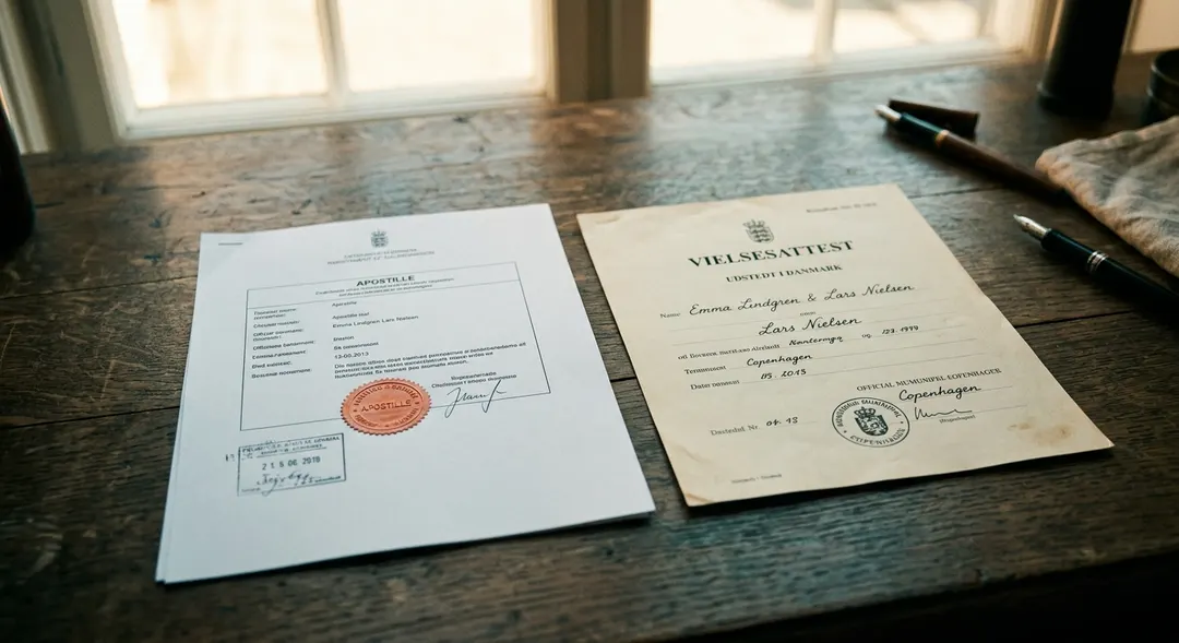 A legalised marriage document with consular stamps and a ribbon seal on a desk