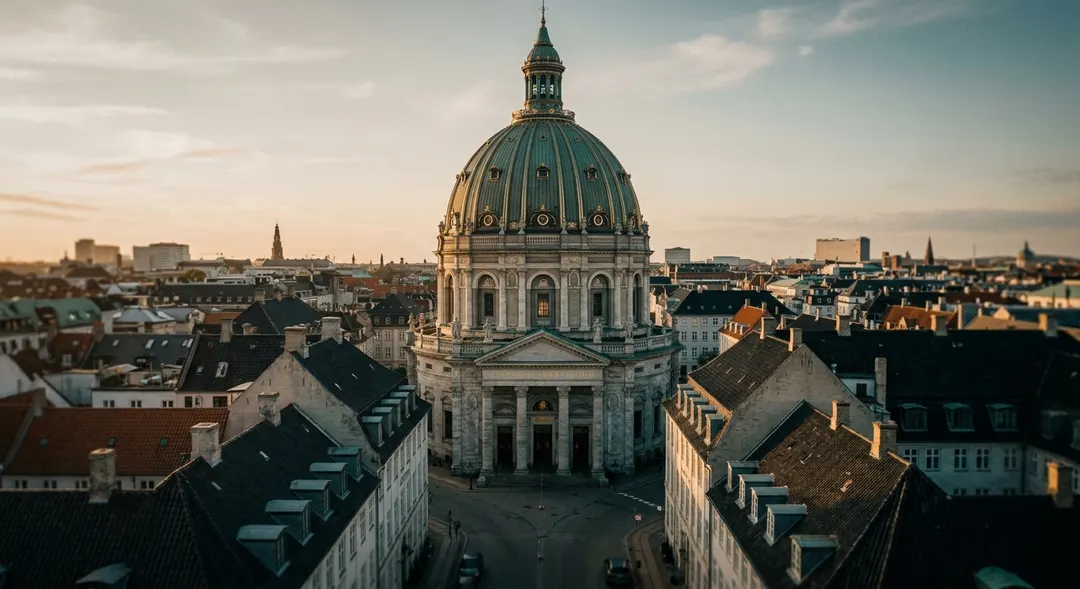 The domed Marble Church beside Amalienborg Palace under a soft northern sky