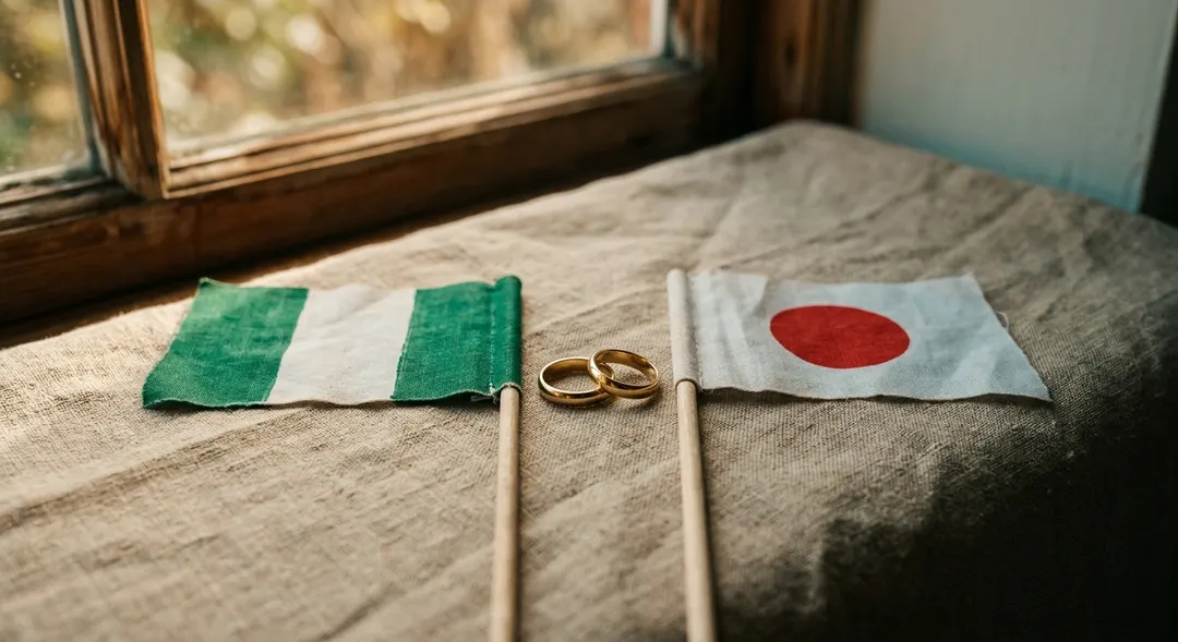 Zwei Nationalflaggen aus verschiedenen Kontinenten Seite an Seite mit goldenen Ringen dazwischen