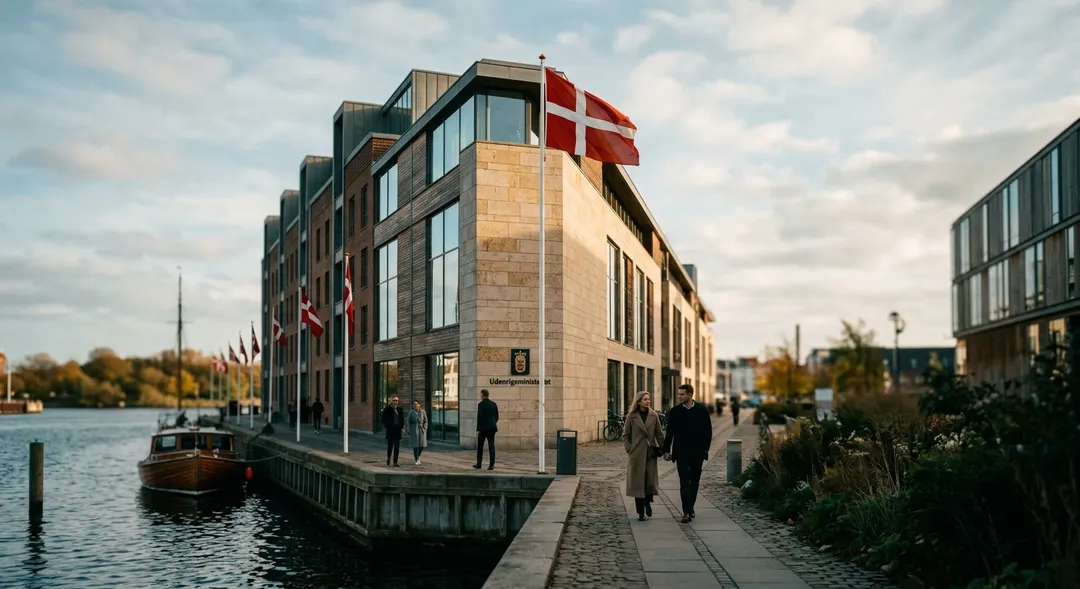 Exterior of a modern Danish government building with a Danish flag flying