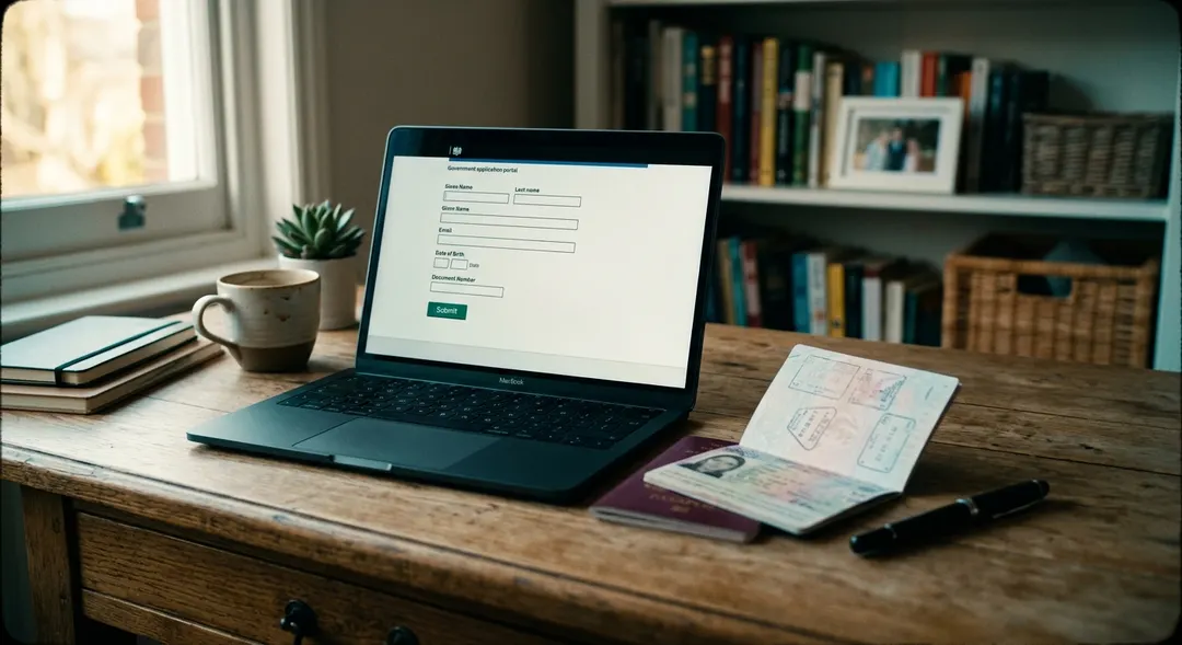 A laptop displaying a government application portal interface with input fields and a passport