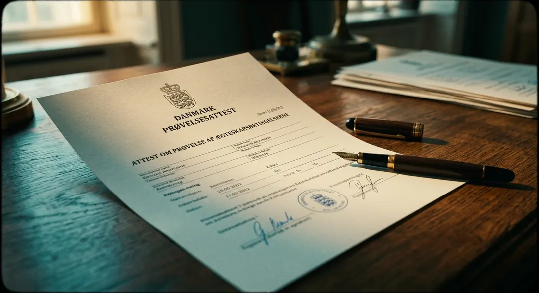 A Danish certificate of marital status document with an official seal on a desk