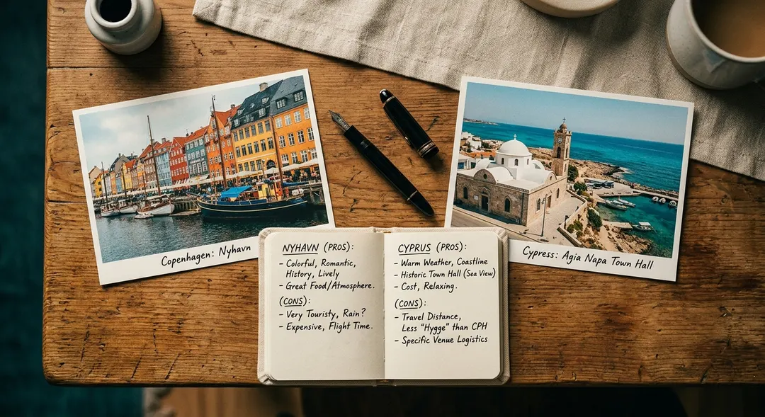 Two postcards side by side comparing Copenhagen and Cyprus wedding locations
