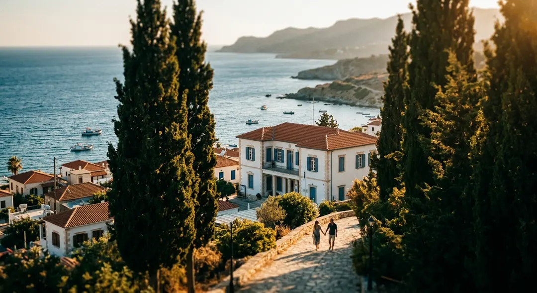Sunlit Mediterranean coastline in Cyprus with turquoise water and rocky cliffs