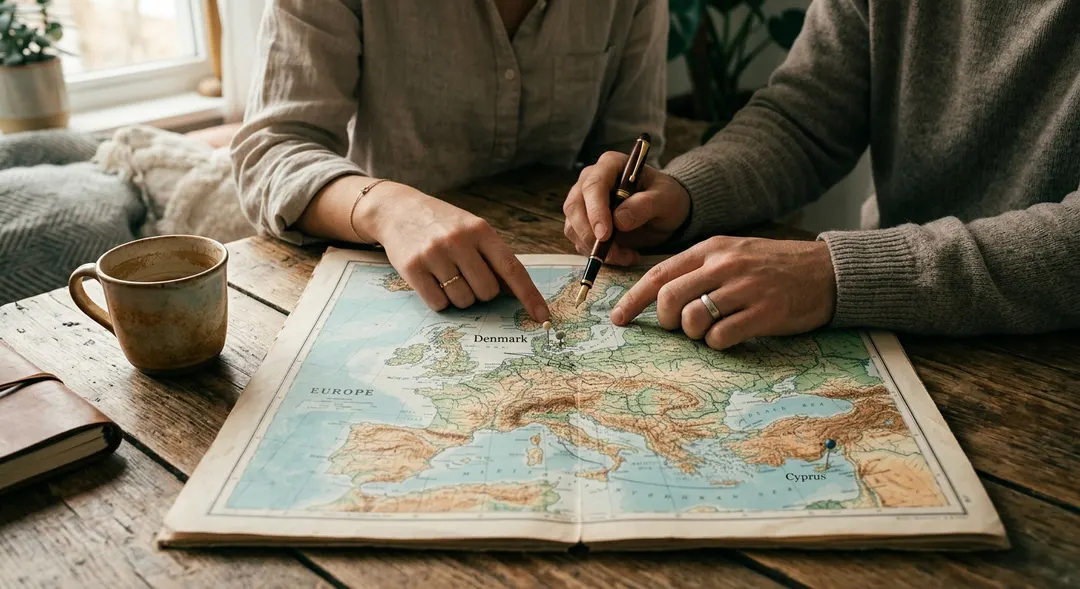 A couple choosing between Denmark and Cyprus on a paper map