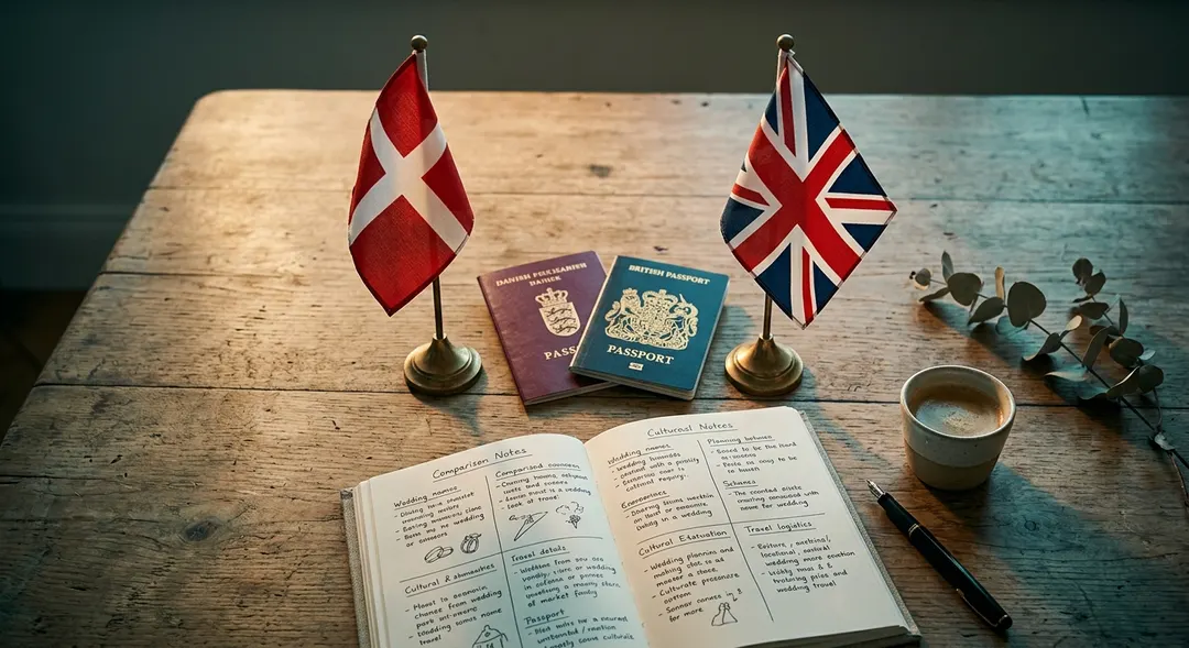 A Danish flag and UK flag side by side on a wooden desk with passports between them