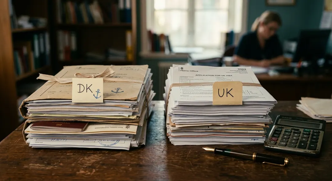 A UK spouse visa application form next to a Danish marriage certificate on a desk