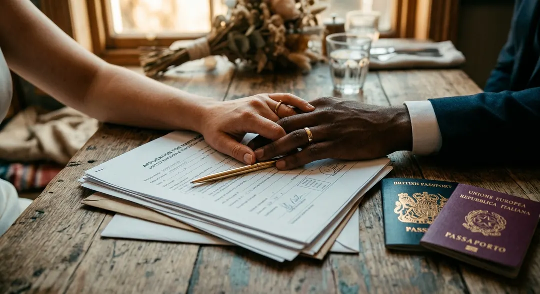 A binational couple’s hands resting on marriage documents with UK and EU passports visible