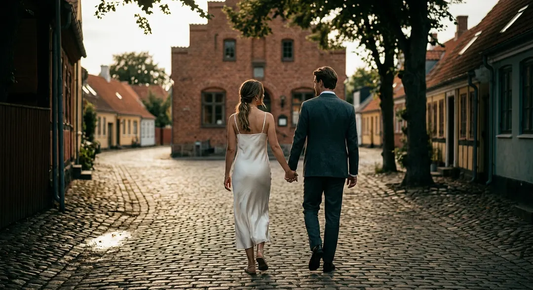 A couple in simple elegant elopement attire walking down a cobblestone street near a Danish town hall