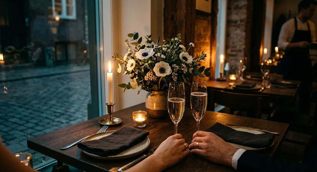 An intimate post-elopement dinner for two at a candle-lit table with white anemones