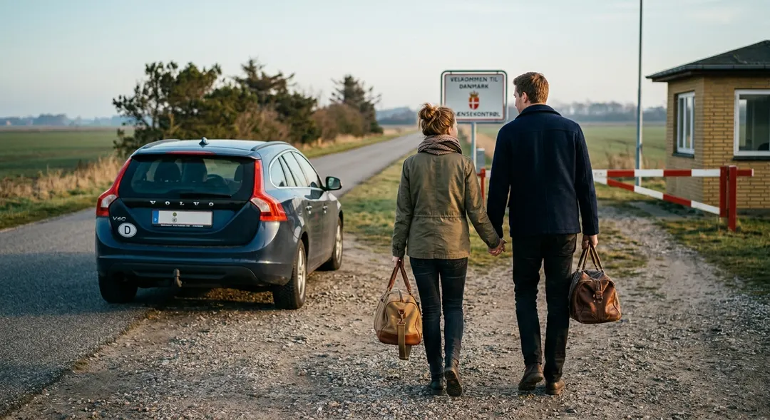 Ein deutsches Paar geht mit Übernachtungstaschen von einem Auto an einer dänischen Grenzüberfahrt weg