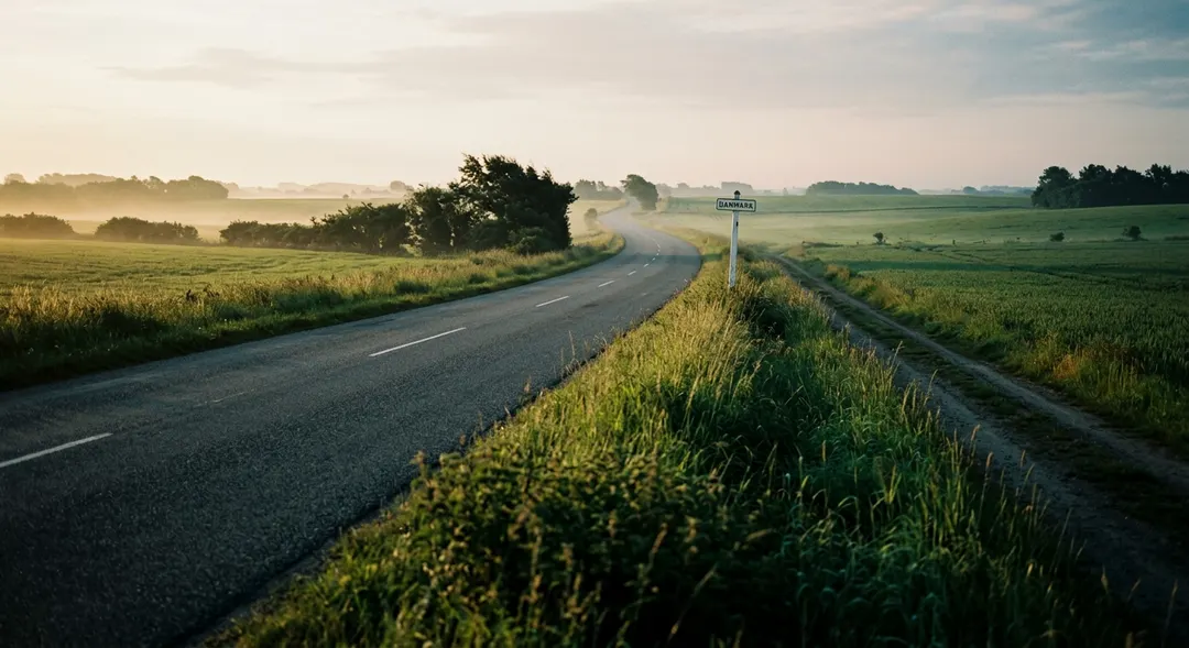 Eine offene Straße führt nach Norden in Dänemark mit Ackerland und einem Danmark-Schild in der Ferne