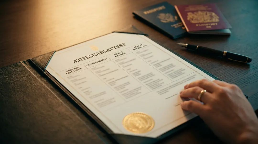 Geöffnete Heiratsurkunden-Mappe mit den mehrsprachigen Überschriften Dänisch/Englisch/Deutsch/Französisch/Spanisch sichtbar, geprägtes Goldsiegel, zwei verschiedenfarbige Reisepässe weichgezeichnet