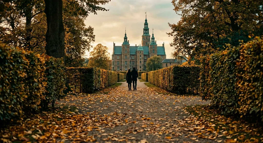 Gepflegte Blumenbeete und Kieswege in einem formalen Kopenhagener Schlossgarten
