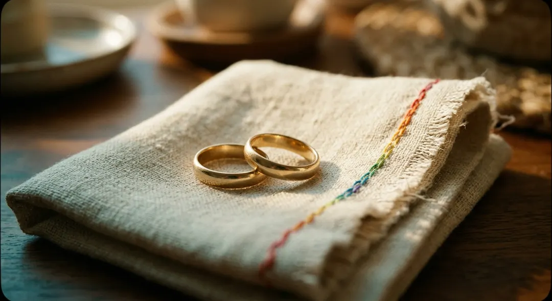 Zwei goldene Eheringe auf Stoff mit subtilem Regenbogen-Stickereirand
