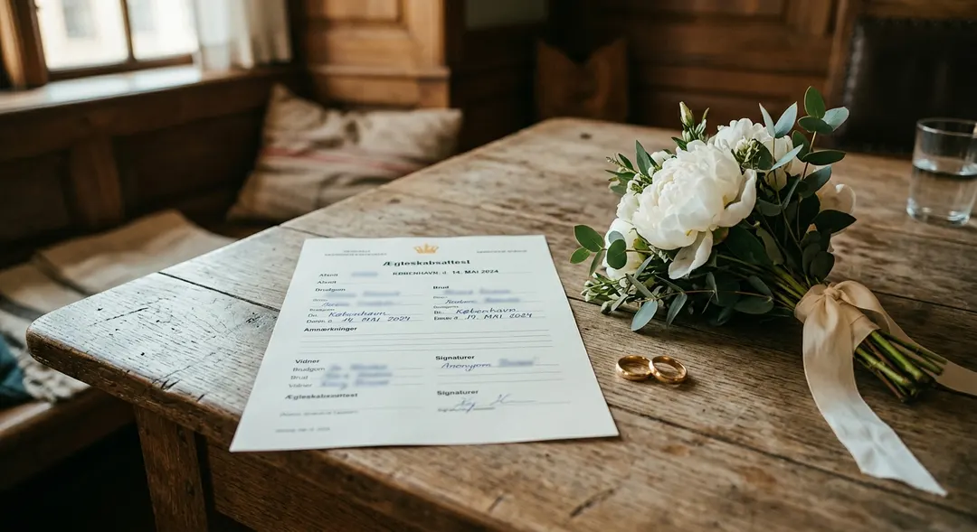 Eine dänische Heiratsurkunde neben zwei goldenen Ringen und einem kleinen Strauß weißer Pfingstrosen