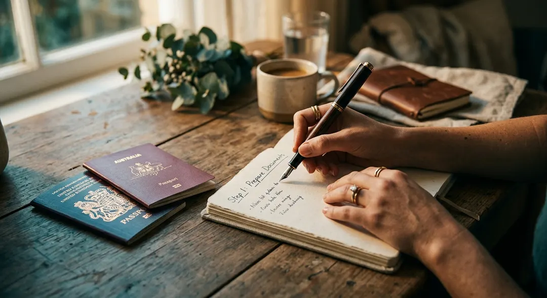 A fountain pen poised over an open notebook with handwritten Step 1 heading