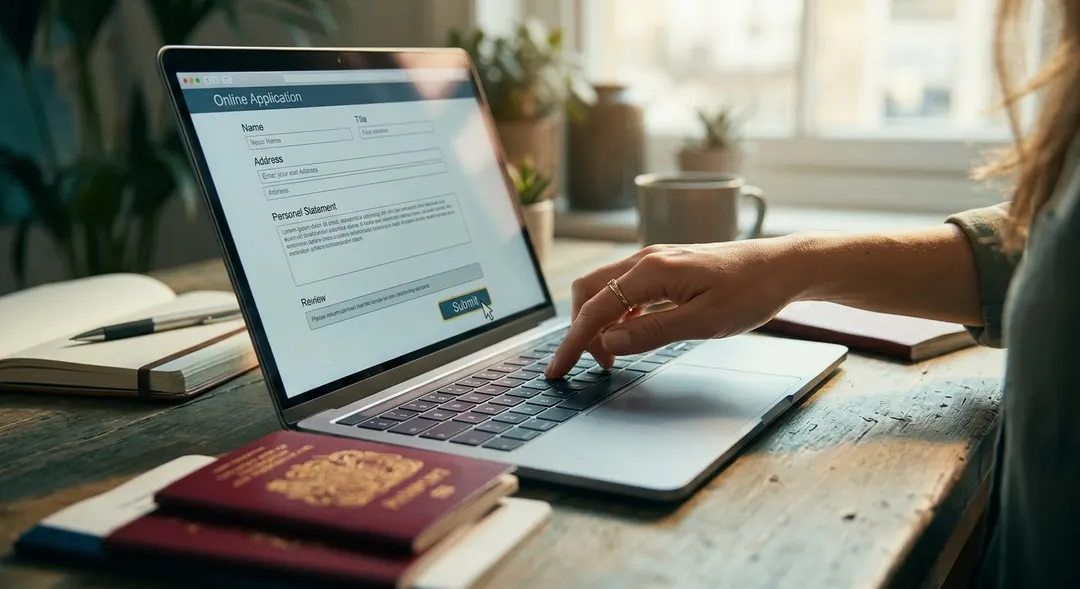 A hand pressing submit button on a laptop application interface