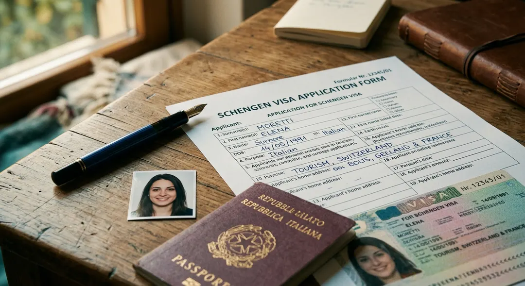 Ein Schengen-Visumantragsformular auf einem Holzschreibtisch mit einem Füller und Reisepass