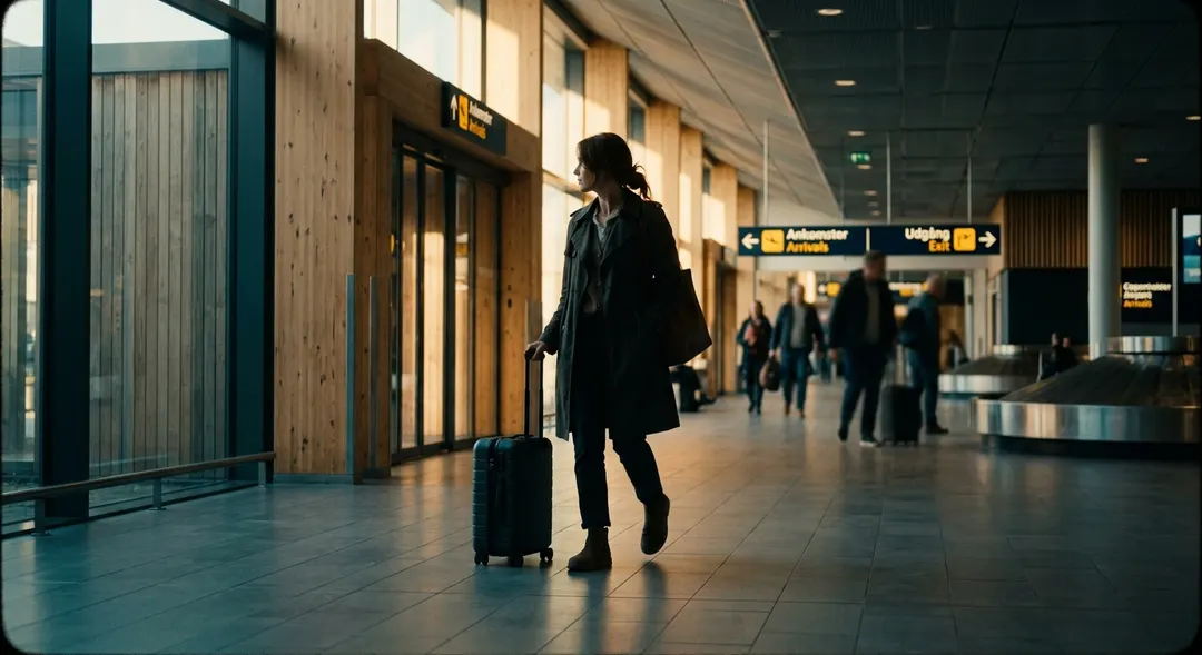 Ein Paar kommt mit Reisepässen und Koffern in einer hellen Ankunftshalle an einem dänischen Flughafen an