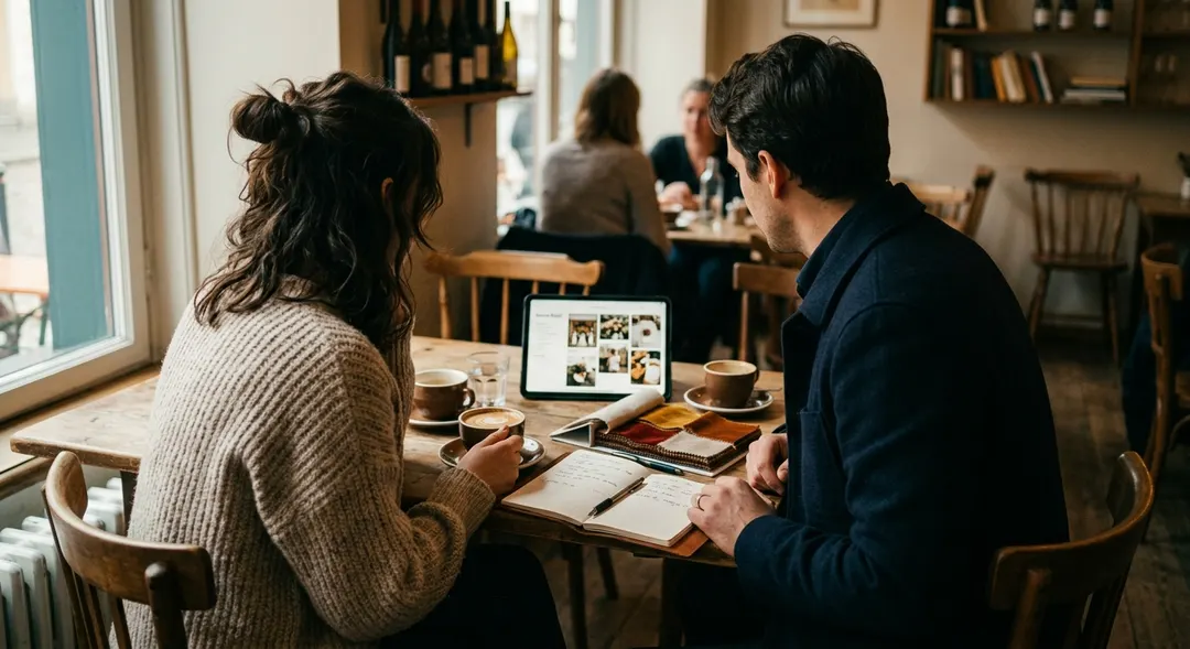 A couple meeting with an unseen planner over a tablet and notebook at a cafe table