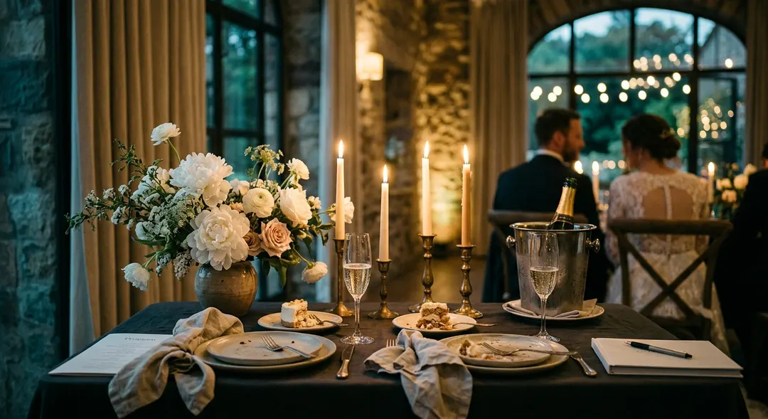An intimate post-wedding dinner for two at a candle-lit table with white peonies