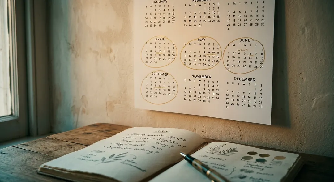 Ein Papierwandkalender mit Kreisen um April, Mai, Juni und September