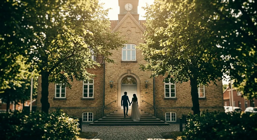 Ein dänisches Rathaus außen im Hochsommer mit grünen Blättern und warmer Sonne