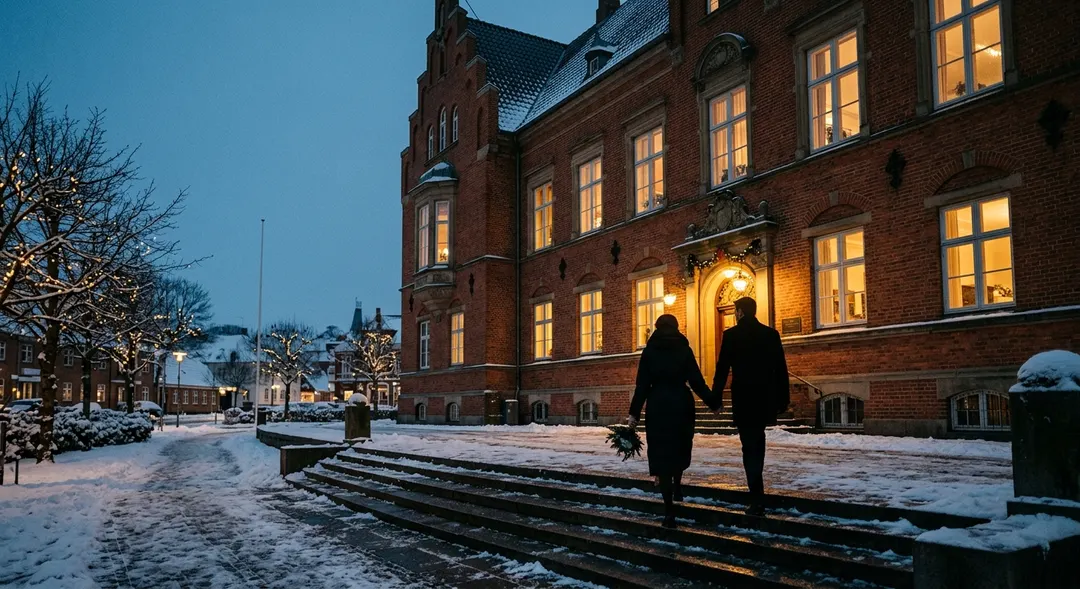 Ein verschneites dänisches Rathaus in der Abenddämmerung mit warmem Fensterlicht und kahlen Winterbäumen