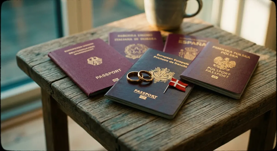 Mehrere europäische Reisepässe auf einem Holztisch mit goldenen Ringen und einem dänischen Flaggenpin