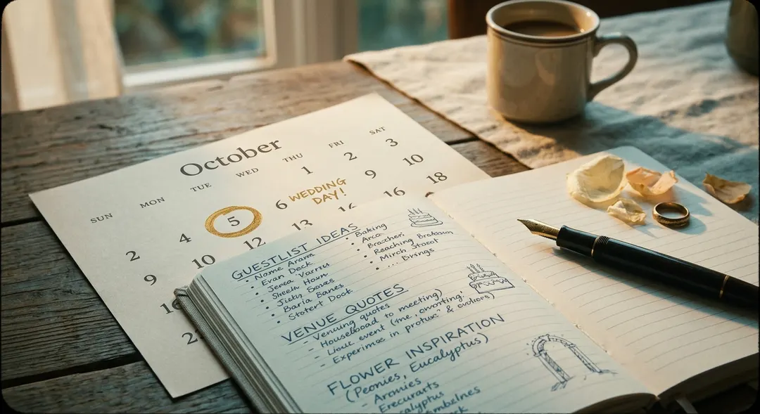 A calendar marked with a short five-day span beside a stamped marriage application